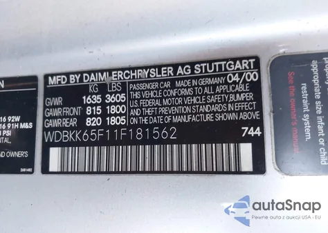 2001 Mercedes-Benz Slk 320 from USA, damaged, VIN WDBKK65F11F181562